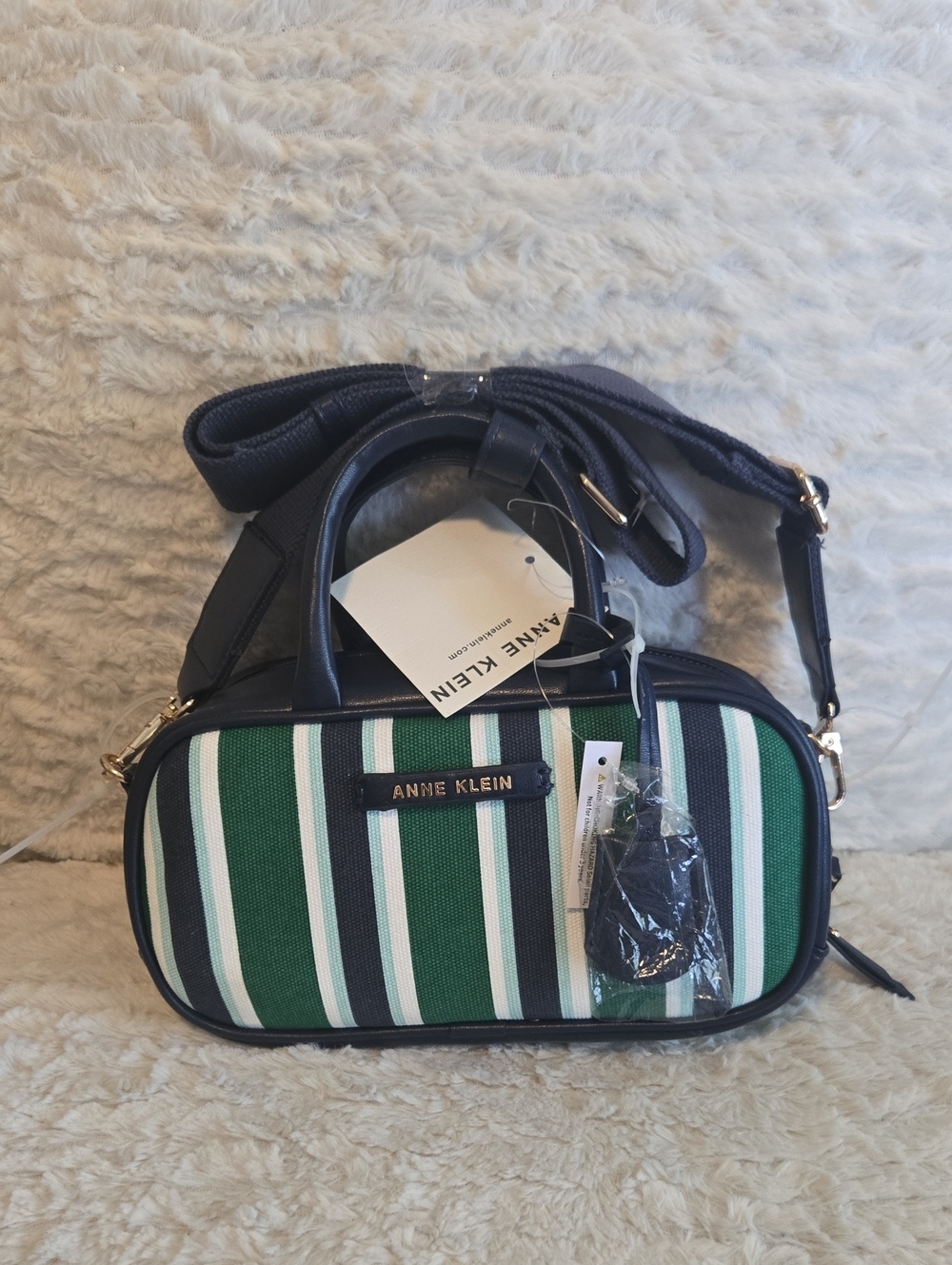 Anne Klein Green Navy White Striped Crossbody Satchel NWT